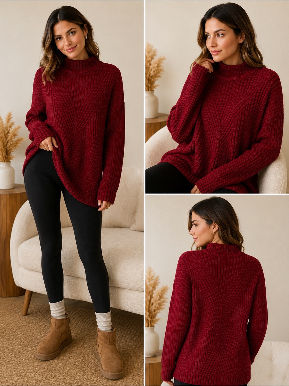 J.Jill Chenille Textured Mock Neck Sweater Burgundy Red Women’s L Tall Cozy
